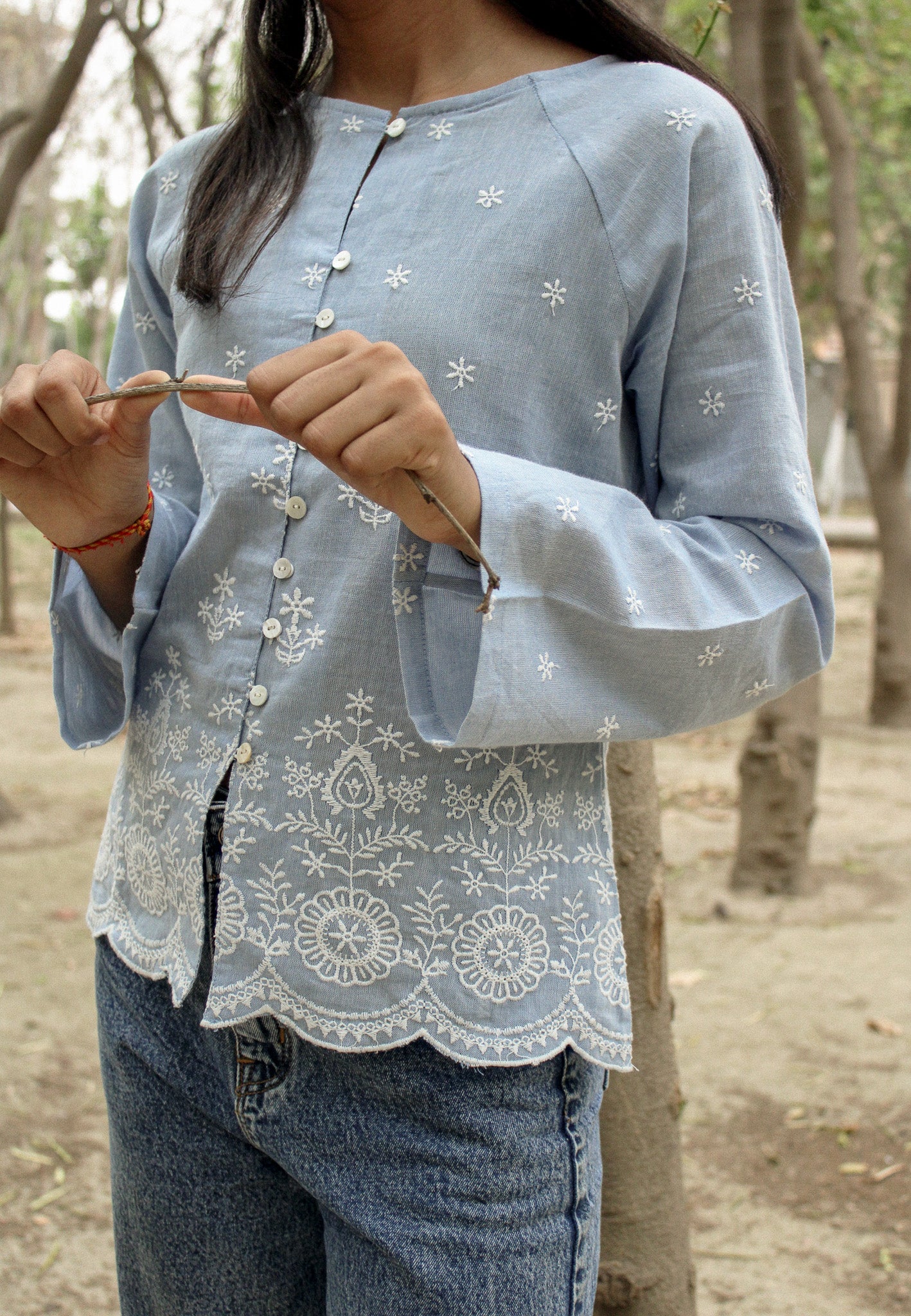 Zen Blouse - Scalloped Panel on Model