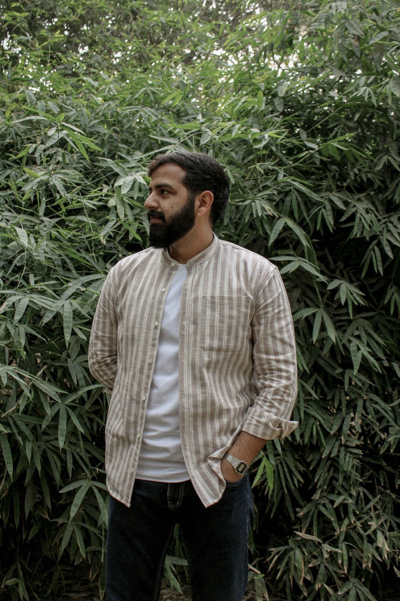 Front view of Dhar men’s linen shirt with subtle stripe pattern