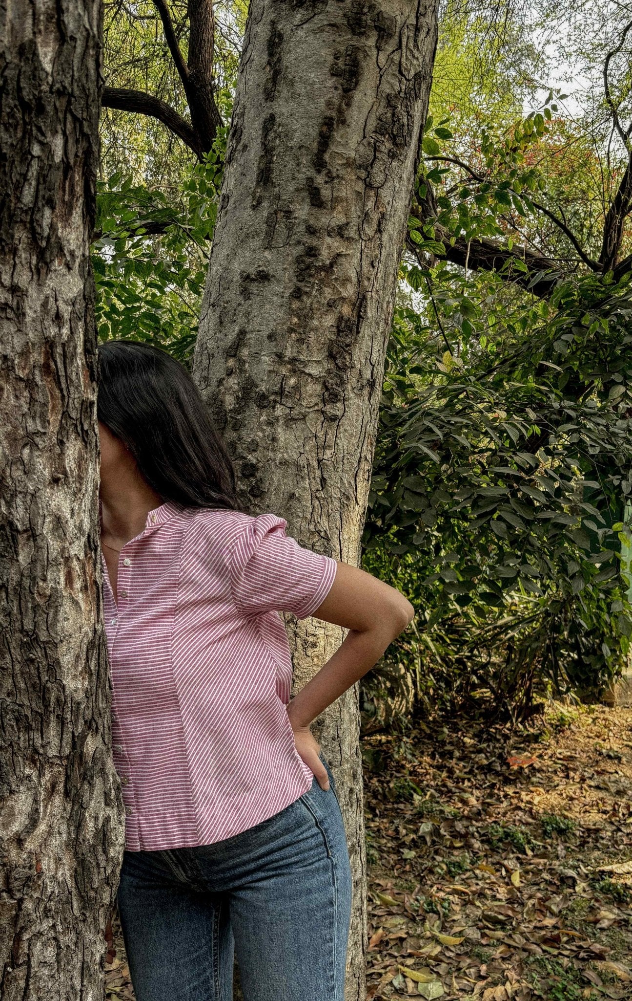 Relaxed fit of Nira Blouse in calm outdoor environment