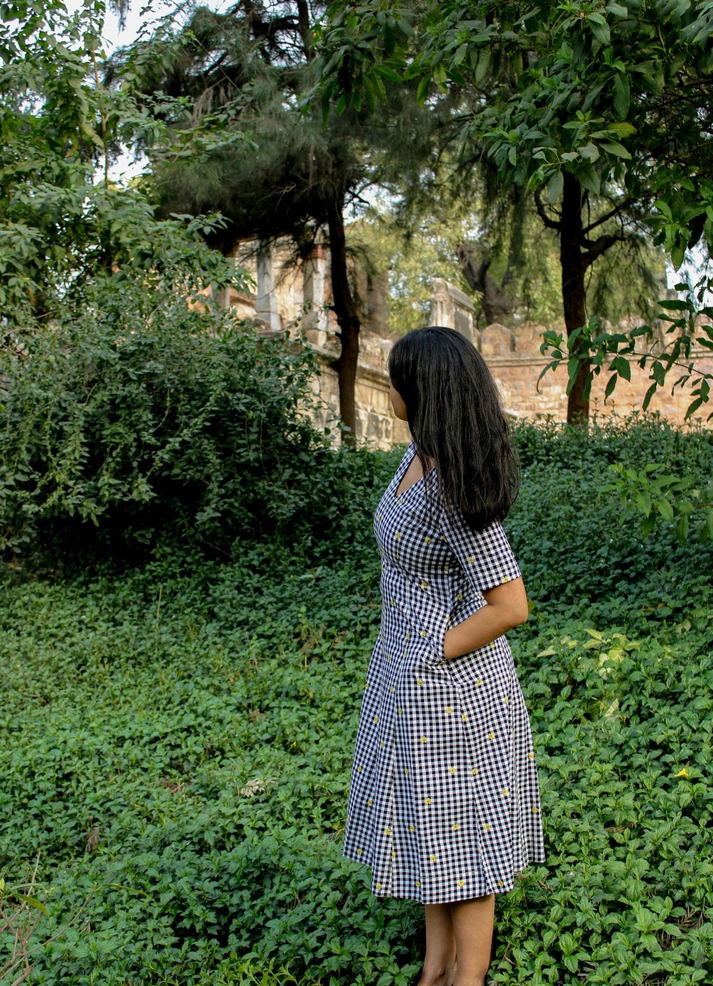 Side profile of Vanya Midi Dress in classic gingham print